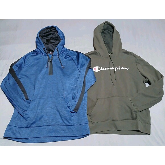 Champion Spyder Hoodie Lot Men L Pullover Sweatshirt Green Blue Athletic Stretch - Picture 1 of 14